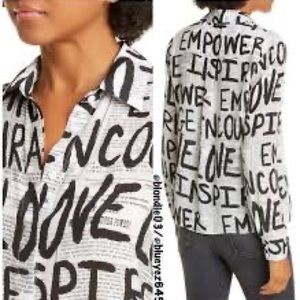 Alice+Olivia Willa NewsPaper Print Button Down Blouse